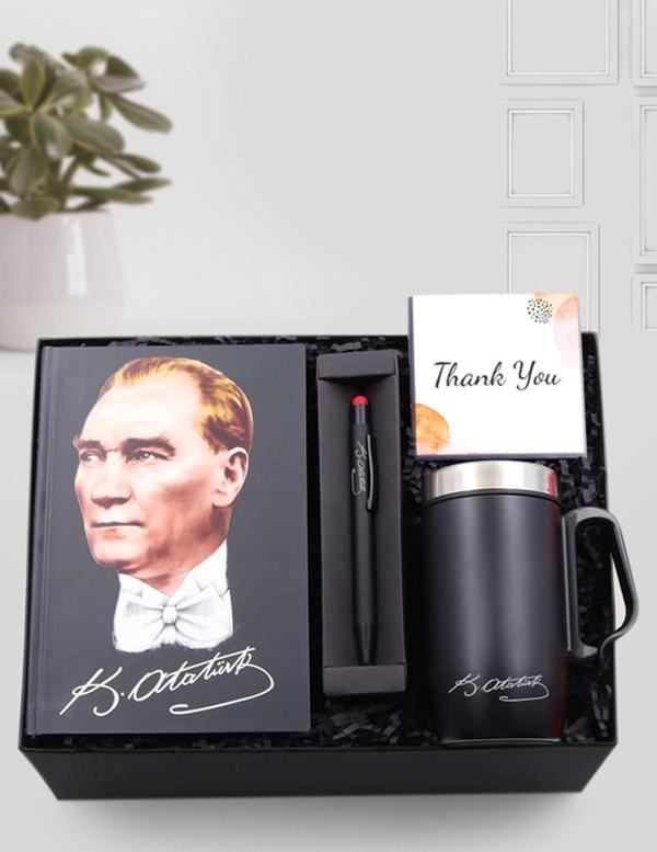Trendmiya Atatürk İmzalı Kulplu Siyah Termos & Atatürk Resimli Defter & Atatürk İmzalı Touch Pen Seti - Image 1