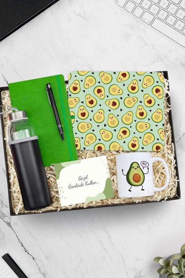 Trendmiya Avokado Baskılı Mouse Pad & Deri Kılıflı Su Matarası & Tükenmez Kalem & Kupa & Defter Hediye Seti - Image 1