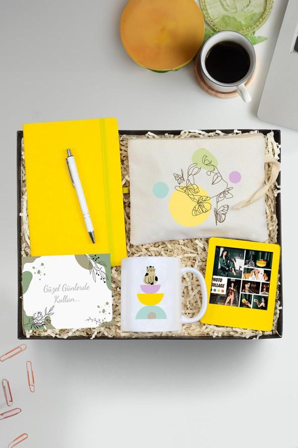 Trendmiya Baskılı Ham Bez Çanta & Sarı Defter & Beyaz Tükenmez Kalem & Kupa & Sarı Çerçeve Hediye Seti - Image 1