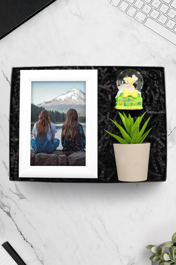 Trendmiya Beyaz Çerçeve & Yapay Mini Saksı Çiçek & Ayıcıklı Happy Birthday Kar Küre Hediye Seti - Image 1