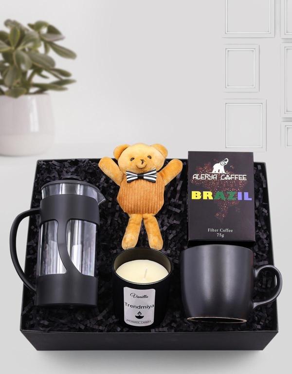 Trendmiya French Press-Siyah Kupa-Alerya Brazil Filtre Kahve-Papyonlu Ayıcık Anahtarlık-Bardak Mum Hediye Seti - Image 1