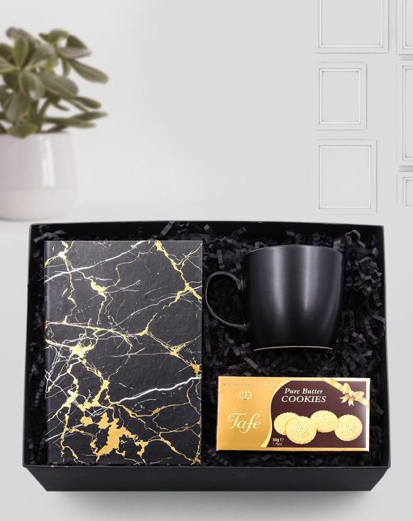 Trendmiya Gold Mermer Desen Defter & Siyah Kupa & Kurabiye Hediye Seti - Image 1