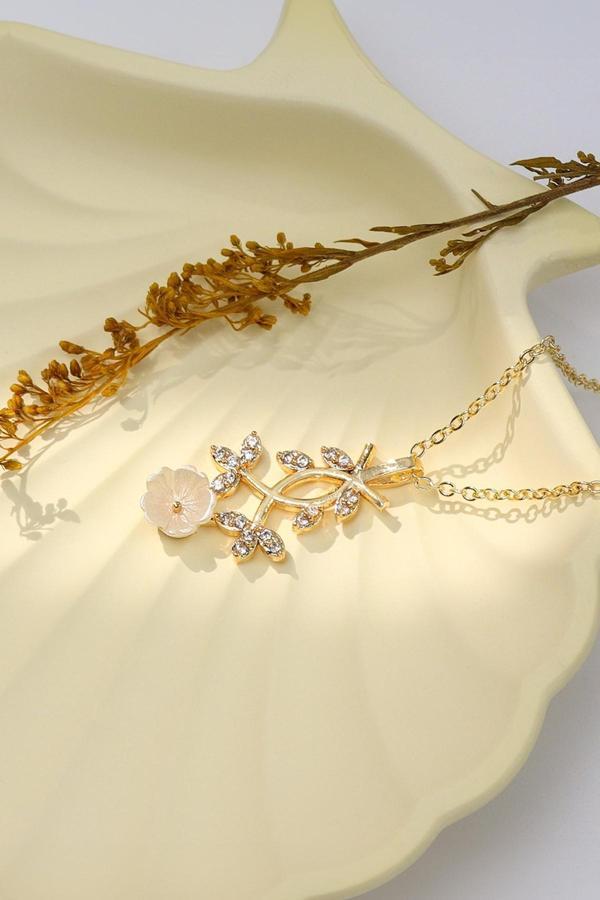Trendmiya Gold Renk Taşlı Çiçekli Kolye - Image 1