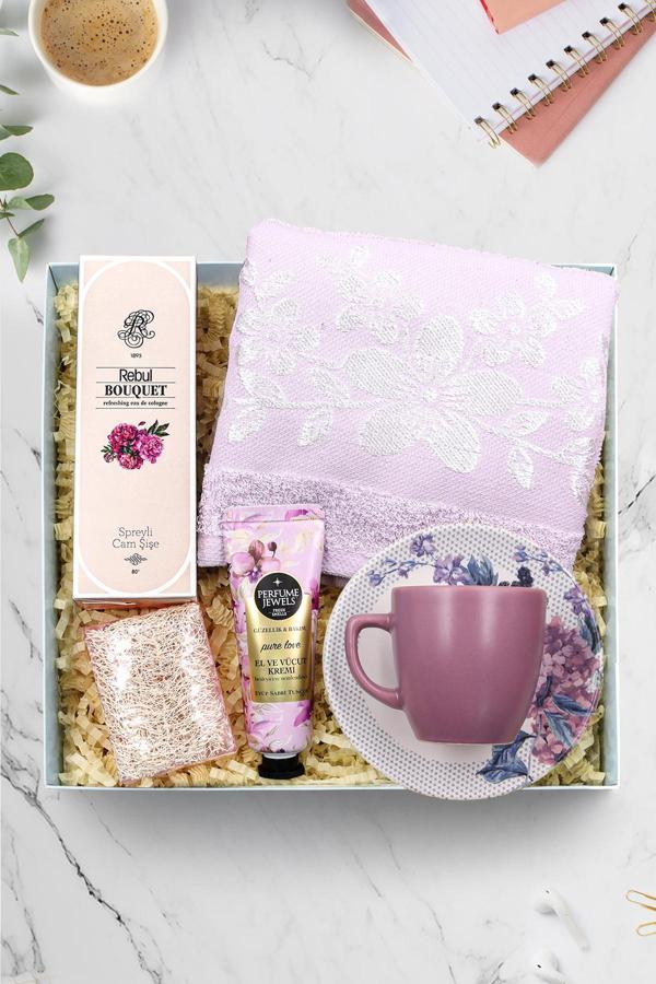 Trendmiya Kahve Fincanı & Havlu & Kabak Lifli Sabun & Rebul Bouquet Kolonya & El Ve Vücut Kremi Hediye Seti - Image 1