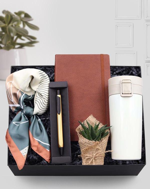 Trendmiya Kahverengi Defter & Gold-Siyah Renk Kalem & Kilitli Beyaz Çelik Termos & Fular & Sukulent Hediye Set - Image 1