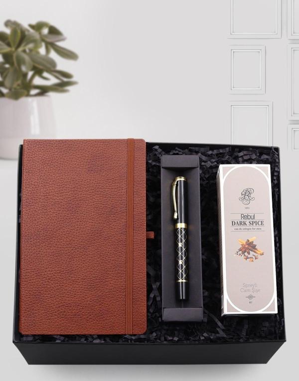 Trendmiya Kahverengi Defter & Rebul Erkek Kolonyası & Karo Desen Siyah Roller Kalem - Image 1