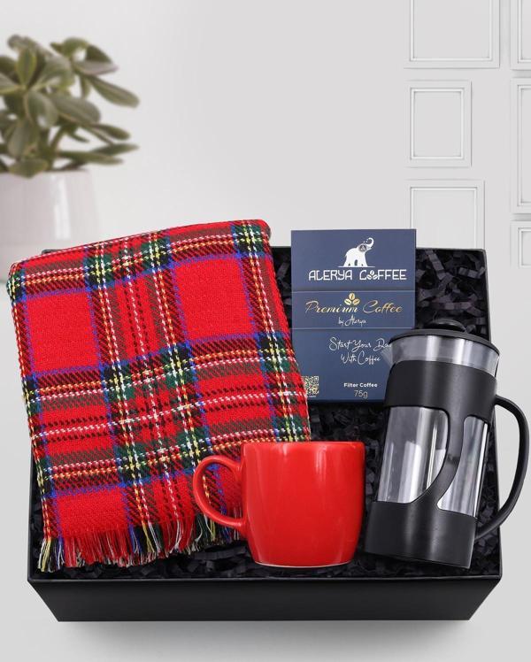 Trendmiya Kırmızı Kalın Şal & Kırmızı Kupa & Siyah French Press & Alerya Premium Filtre Kahve Hediye Seti - Image 1