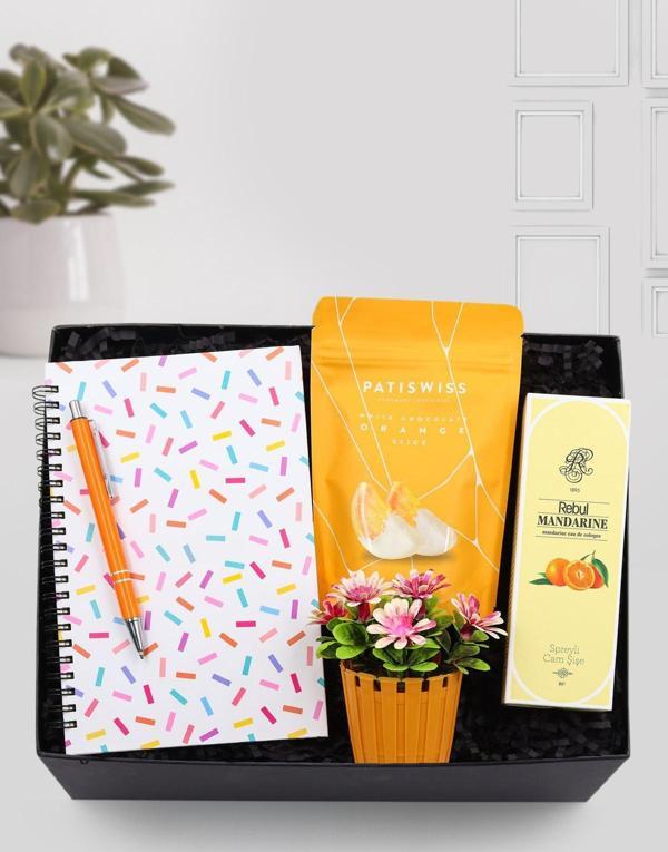 Trendmiya Konfeti Defter-Turuncu Kalem-Papatya Saksı-Patiswiss Portakal-Rebul Mandalina Kolonya Hediye Seti - Image 1