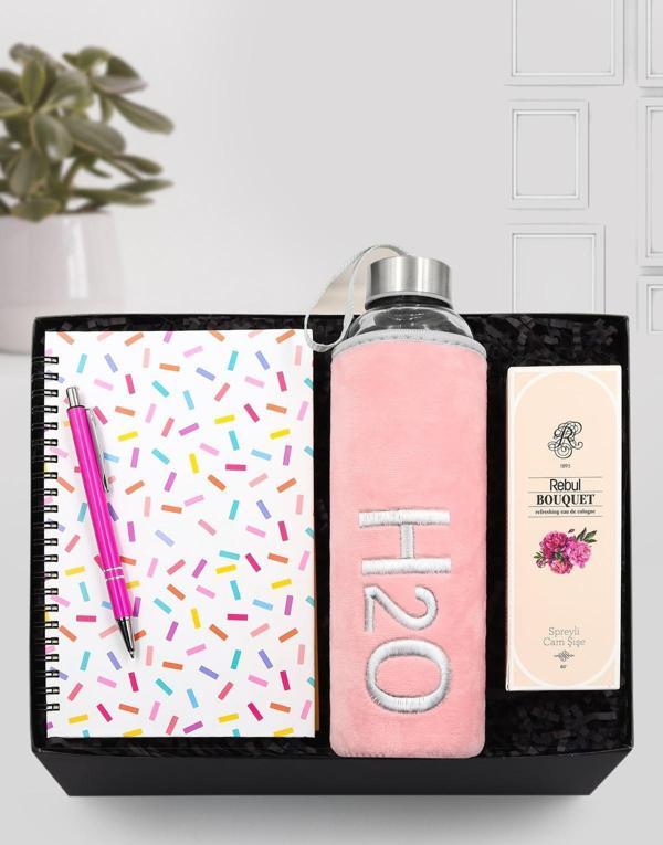 Trendmiya Konfeti Defter-Pembe Tükenmez Kalem-Peluş 600 Ml Pembe Matara-Rebul Bouquet Kolonya Hediye Seti - Image 1