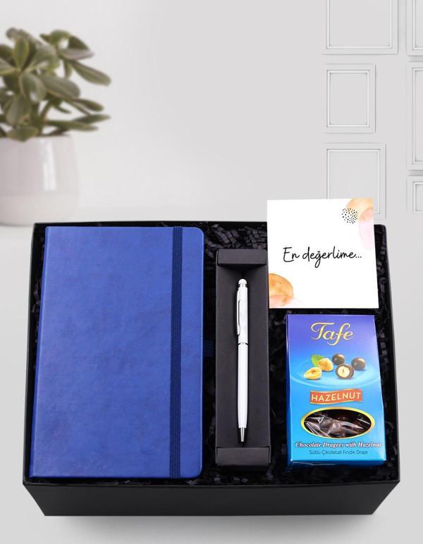 Trendmiya Mavi Defter & Beyaz Touch Pen & Tafe Fındıklı Draje Hediye Seti - Image 1