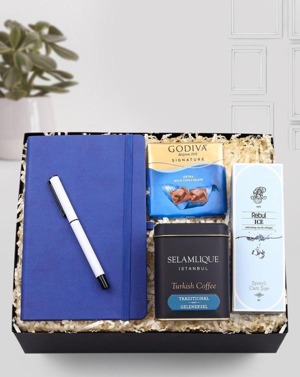 Trendmiya Mavi Defter-Beyaz Mat Roller Kalem-Selamlıque Türk Kahvesi-Rebul Kolonya-Godiva Çikolata Hediye Seti - Image 1