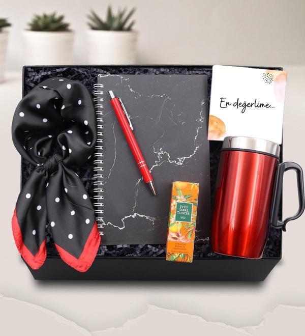 Trendmiya Mermer Defter-Kırmızı Tükenmez Kalem-280Ml Kırmızı Termos-Puantiyeli Fular-Mini Kolonya Hediye Seti - Image 1