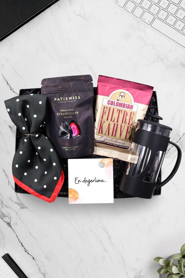 Trendmiya Puantiyeli Fular & French Press & Patiswiss Çilek Draje & Colombian Taze Filtre Kahve Hediye Seti - Image 1