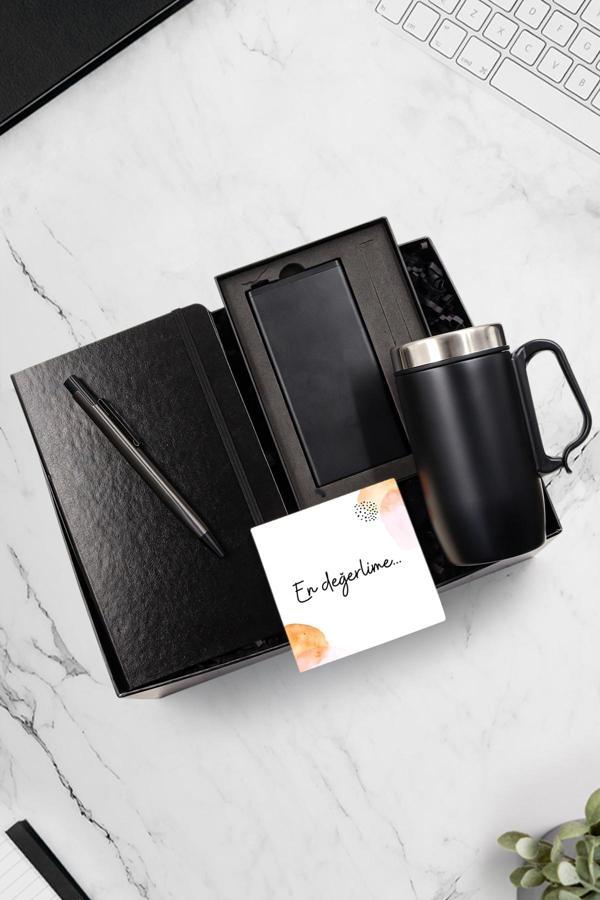 Trendmiya Siyah Defter & Gri Tükenmez Kalem & Siyah 10000Mah Powerbank & Kulplu 280Ml Çelik Termos Hediye Seti - Image 1