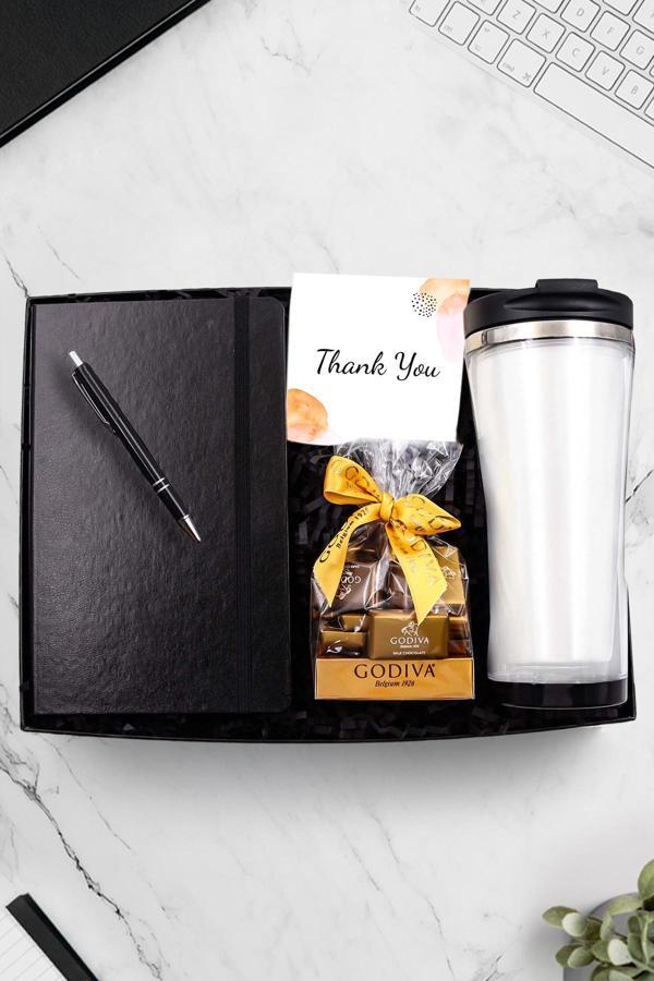 Trendmiya Siyah Defter & Gümüş Detaylı Kalem & Godiva Napoliten Çikolata & 450 Ml Çelik Termos Hediye Seti - Image 1