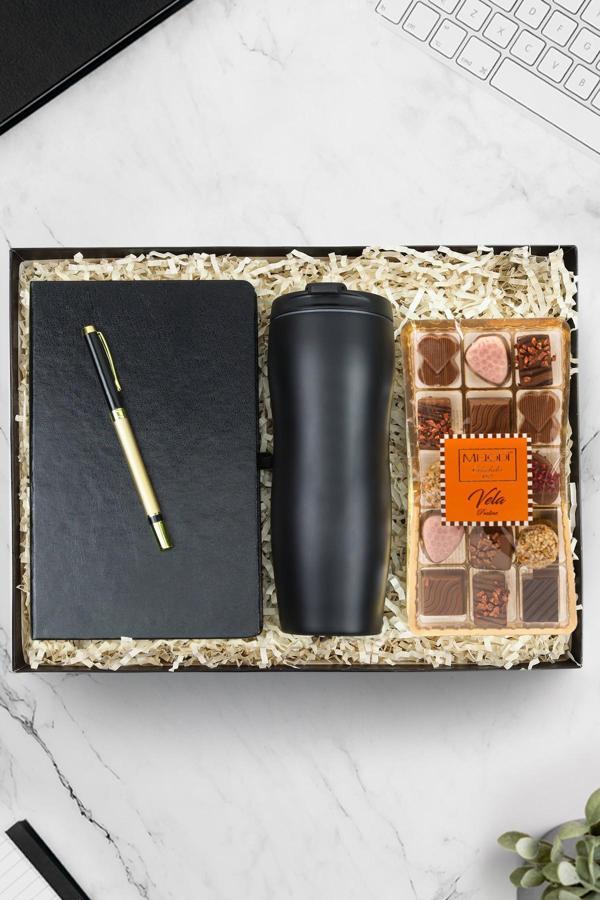 Trendmiya Siyah Defter & Klasik Model 400 Ml Siyah Çelik Termos & Gold Kalem & Vela Çikolata Hediye Seti - Image 1