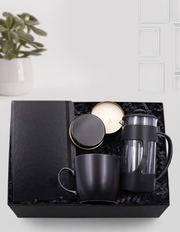 Trendmiya Siyah Defter & Metal Kutulu Mum & Siyah Kupa & Siyah French Press Hediye Seti - Image 1