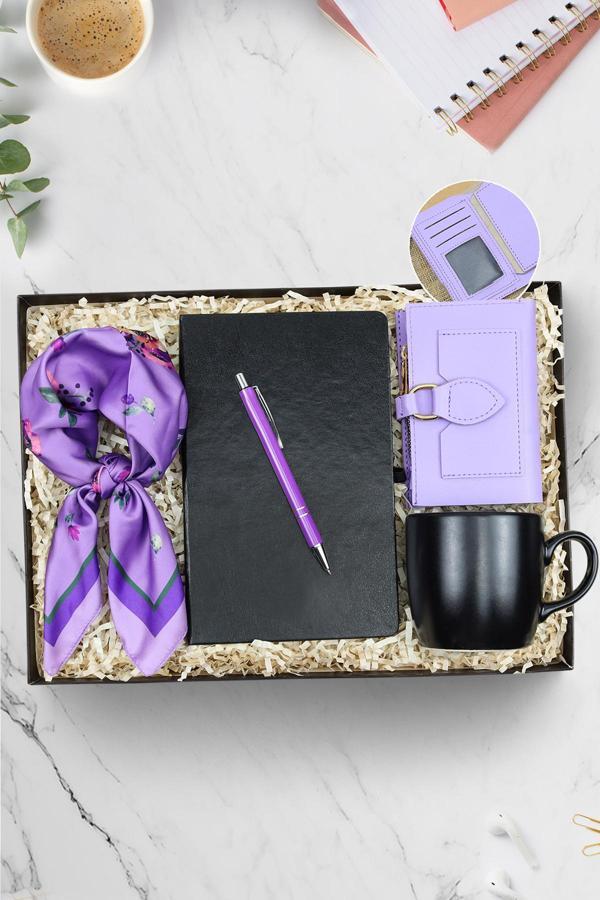 Trendmiya Siyah Defter & Mor Tükenmez Kalem & Fular & Siyah Kupa & Mor Yumuşak Deri Kartlık Cüzdan Hediye Seti - Image 1