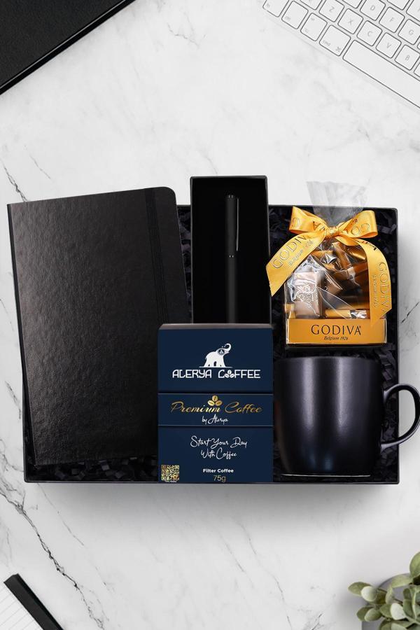 Trendmiya Siyah Defter & Siyah Kalem & Siyah Kupa & Alerya Premium Filtre Kahve & Godiva Çikolata Hediye Seti - Image 1