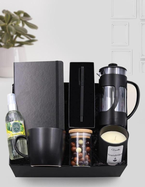 Trendmiya Siyah Defter-Bardak Mum-Siyah Kupa-French Press-Roller Kalem-Kolonya-Draje Çikolata Hediye Seti - Image 1