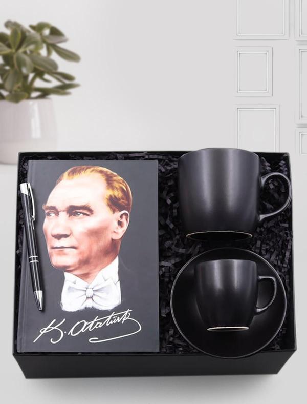 Trendmiya Siyah Tükenmez Kalem & Mustafa Kemal Atatürk Resimli Defter & Siyah Kupa & Siyah Fincan Hediye Seti - Image 1