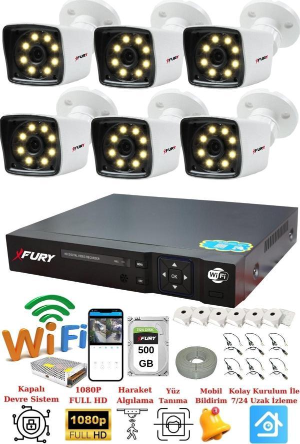 FURY 6 Kameralı 5mp Lens 1080p 2mp Color Görüntü 8 Warm Led Gece Görüş FullHd Güvenlik Kamera 5525W 500GB - Image 1