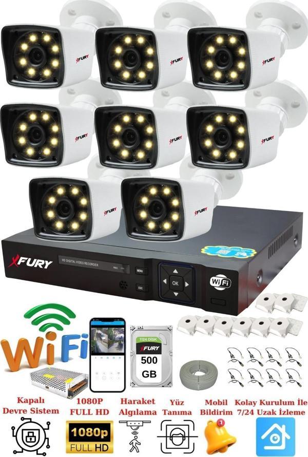 FURY 8 Kameralı 5mp Lens 1080p 2mp Color Görüntü 8 Warm Led Gece Görüş FullHd Güvenlik Kamera 5525W 500GB - Image 1