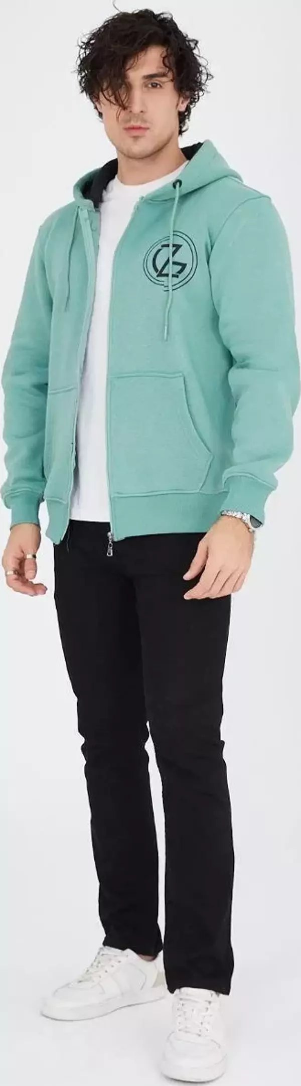 Suint Kapüşonlu Baskılı Fermuarlı Mint Yeşili Hırka - Image 1