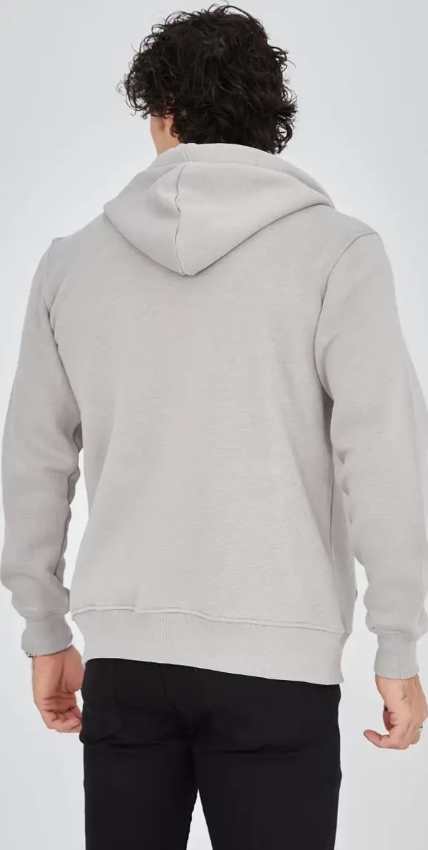 Suint Kapüşonlu Baskılı Fermuarlı Boyalı Gri Hırka - Image 1