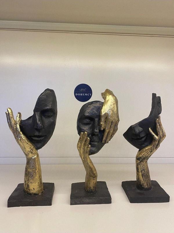 Doremcy 3Lü El Detaylı Gold Yüz Biblo Dekoratif Obje Set - Image 1