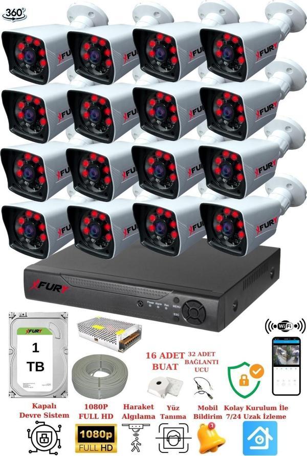 XFury 16 Kameralı 5mp Lensli 1080P 2mp Görüntü 6 Atom Gece Görüşlü FullHd Güvenlik Kamerası 5525A 1 TB - Image 1