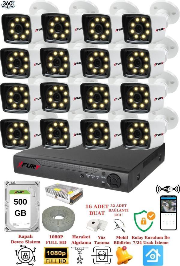 XFury 16 Kameralı 5mp Lens 1080p 2mp ColorGörüntü 8 Warm Led Gece Görüş FullHd Güvenlik Kamera 5525W 500GB - Image 1