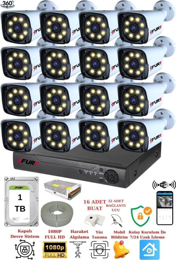 FUYR 16 Kameralı 5mp Lens 1080p 2mp Color Görüntü 8 Warm Led Gece Görüş Fullhd Güvenlik Kamera 5520w 1TB - Image 1