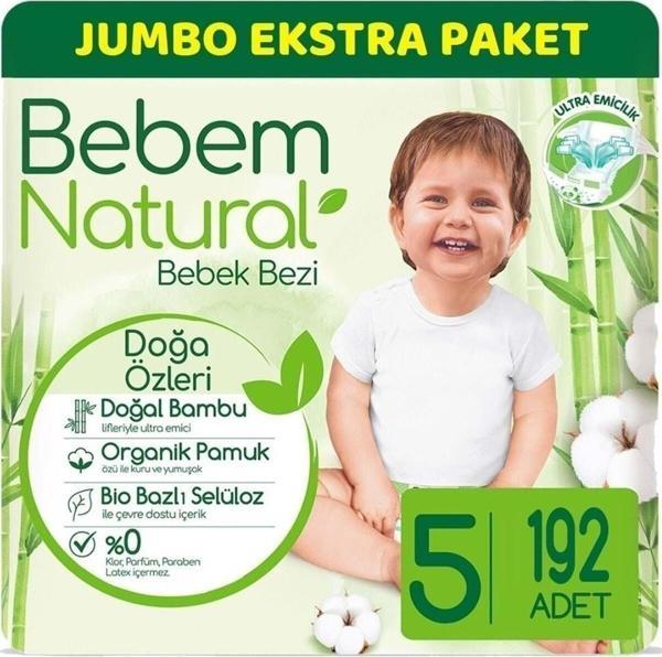 Bebem Natural Bebem Bebek Bezi Natural Jumbo Ekstra Pk Beden:5 (11-18Kg) Junior 192 Adet - Image 1