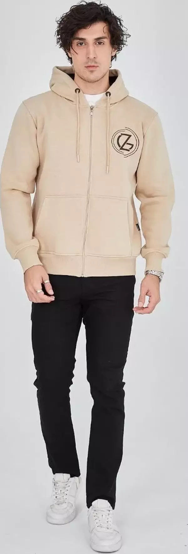 Kapüşonlu Baskılı Fermuarlı Bej Hırka - XL - Image 1