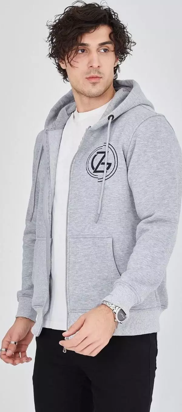 Kapüşonlu Baskılı Fermuarlı Gri Hırka  - Image 1