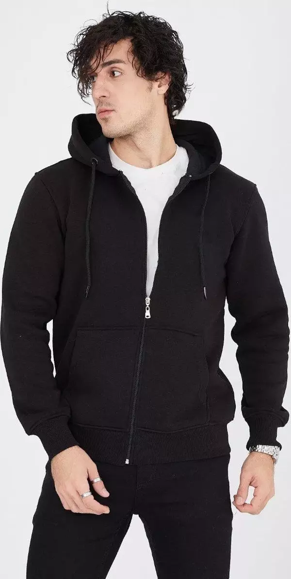 Kapüşonlu Fermuarlı Düz Siyah Hırka  - Image 1