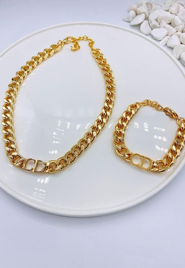 X-lady Accessories Altın Renk Kombin  Cd Harfli Christian Dior Model Kalın Zincir Kolye Bileklik Set  - 3008 - Image 1