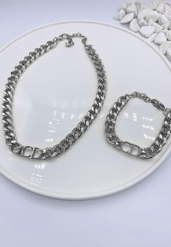 X-lady Accessories Gümüş Renk Kombin  Cd Harfli Christian Dior Model Kalın Zincir Kolye Bileklik Set  - 3009 - Image 1