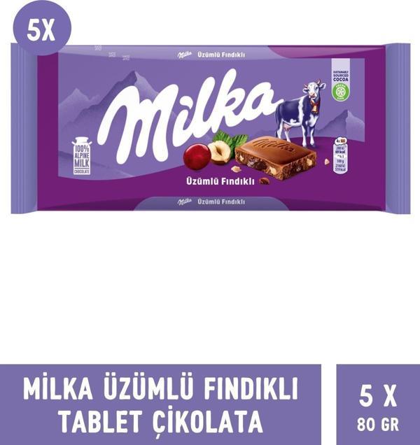 Milka Üzüm Fındık Tablet Çikolata 80 gr - 5 Adet - Image 1