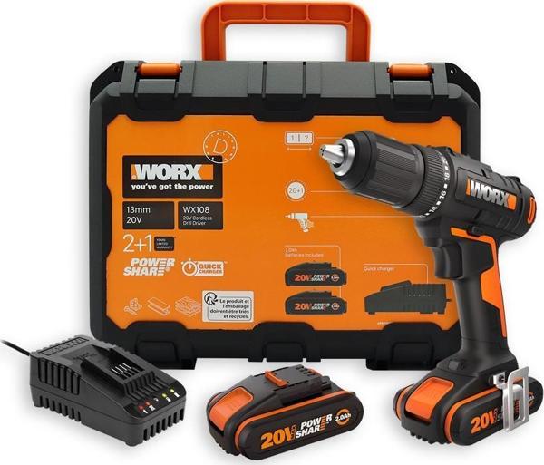 WORX WX108 20Volt/2.0Ah. Li-ion Çift Akülü Profesyonel Şarjlı Matkap - Image 1