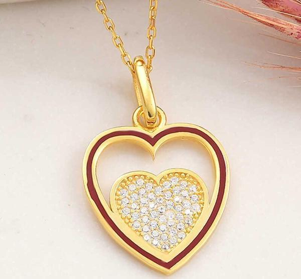 925 Ayar Gümüş Gold Kalp Kadın Kolye - Image 1