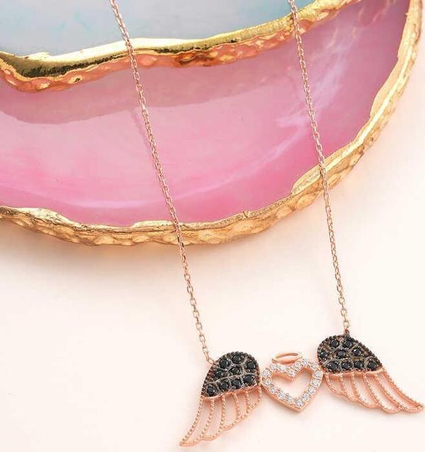 925 Ayar Gümüş Kanatlı Kalp Kadın Kolye - Image 1