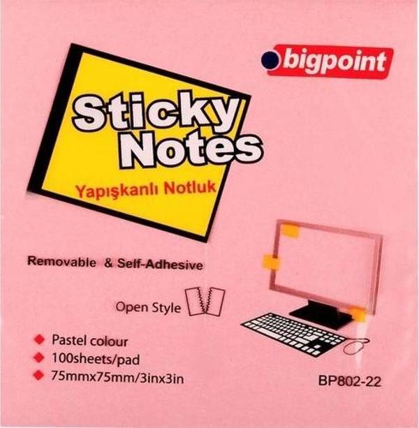 Bigpoint Yapışkanlı Not Kağıdı 75X75 Mm Pembe Bp802-22 (12 Li Paket) - Image 1