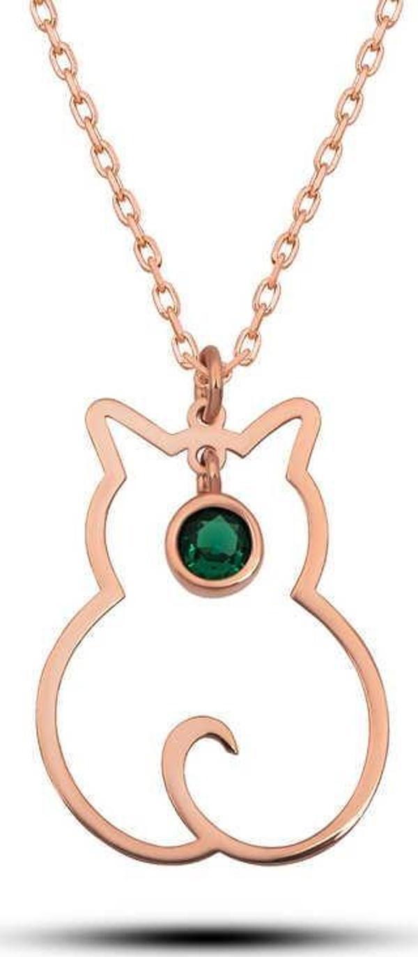 925 Ayar Gümüş Mayıs Ayı Doğum Taşı Kedi Kadın Kolye - Image 1