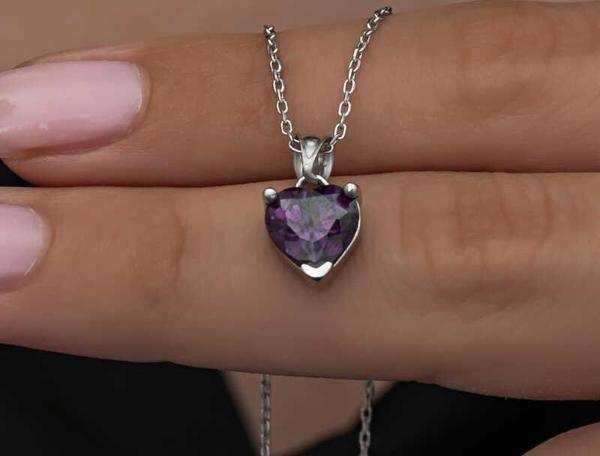 925 Ayar Gümüş Mor Taşlı Kalpli Kadın Kolye - Image 1
