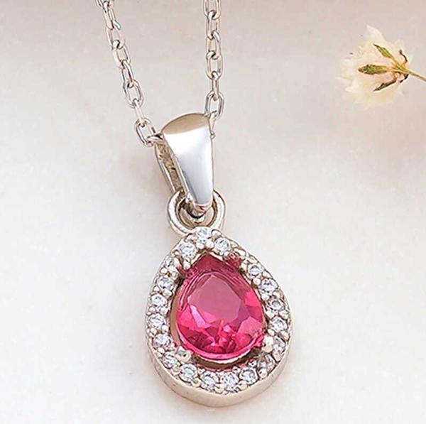 925 Ayar Gümüş Pembe Damla Zirkon Taşlı Kadın Kolye - Image 1