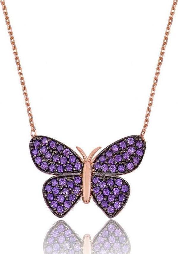 925 Ayar Gümüş Rose Mor Kelebek Kolye - Image 1