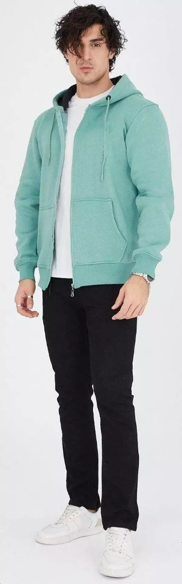 Suint Kapüşonlu Fermuarlı Düz Mint Yeşili Hırka - Image 1