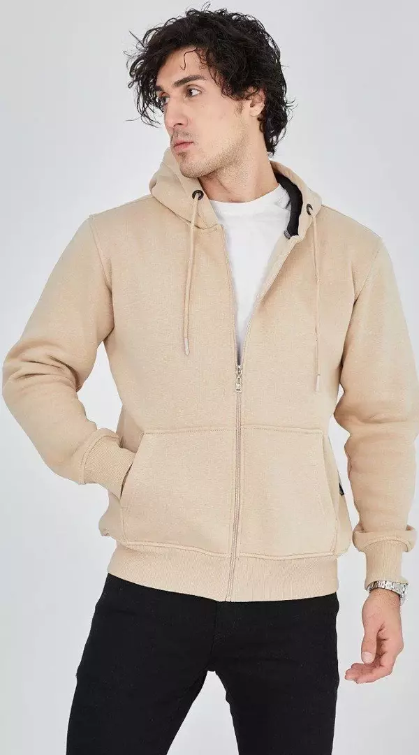 Suint Kapüşonlu Fermuarlı Düz Bej Hırka - Image 1